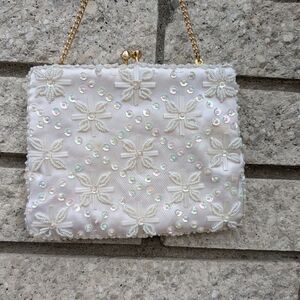 Satin Ivory Beaded Sequined Evening Bag Gold Chain Wedding Prom Snap
